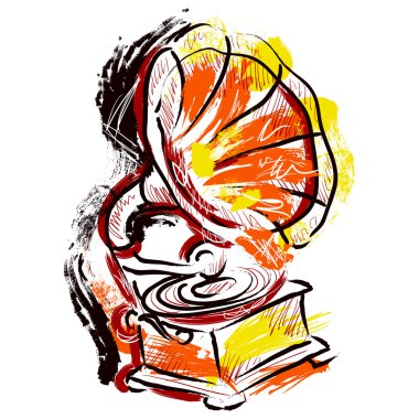 Gramofon. El çizilmiş grunge sanat tarzı. Retro vektör illüstrasyon. afiş, kart, hurda rezervasyon. t-shirt, çanta, kartpostal, poster.