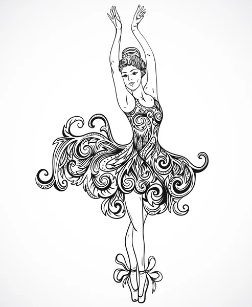 Bailarina com vestido de ornamento floral. Vintage preto e branco mão desenhado vetor ilustração no estilo esboço — Vetor de Stock