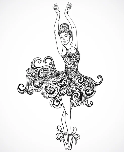 Ballerina dengan gaun ornamen bunga. Ilustrasi vektor gambar tangan hitam dan putih dengan gaya sketsa - Stok Vektor