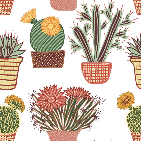 Modèle sans couture avec des plantes succulentes et des cactus en pots. Ensemble graphique vectoriel botanique avec de jolies fleurs . — Image vectorielle