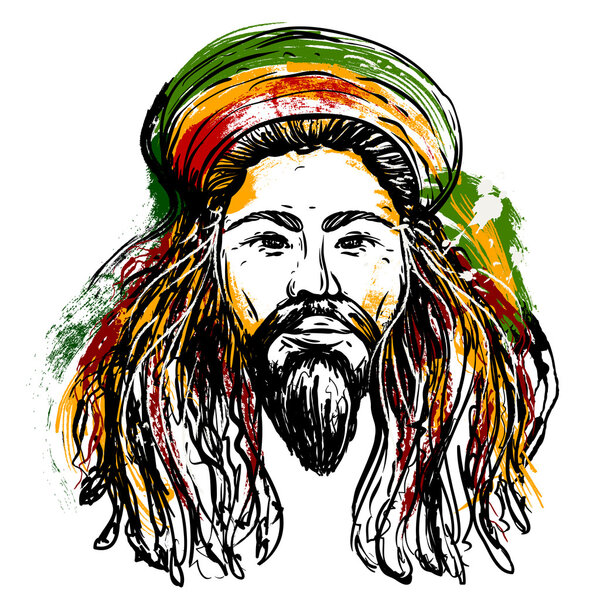 Portrait of rastaman. Jamaica theme. Reggae concept design. Tattoo art. Hand drawn grunge style art. Retro banner, card, t-shirt, bag, print, poster.Vintage colorful hand drawn vector illustration