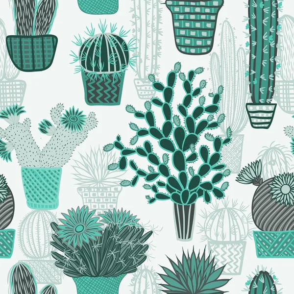 Pola mulus dengan tanaman kaktus sukulen dan kaktus dalam pot. Vektor botani grafis diatur dengan bunga rumahan lucu . - Stok Vektor