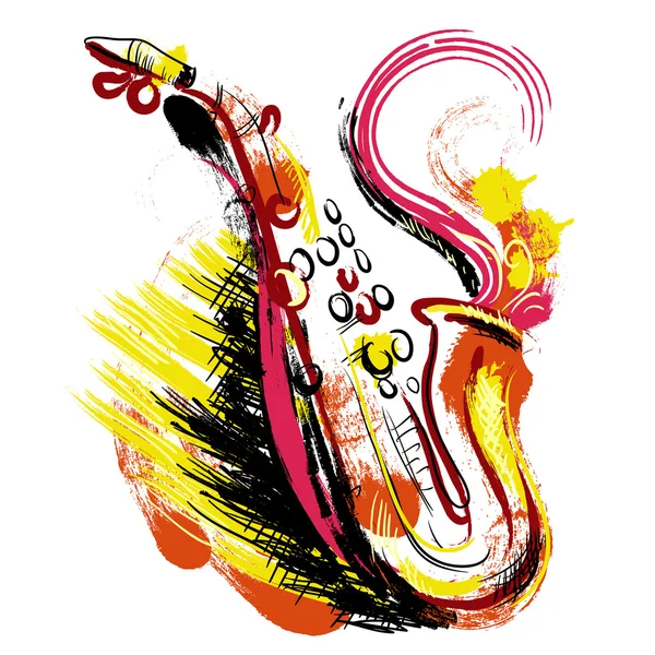 Saxofon. Handritade grunge stil konst. Färgglada retro vektor illustration. Banner, kort, skrot bokning, t-shirt, väska, tryck, affisch. — Stock vektor