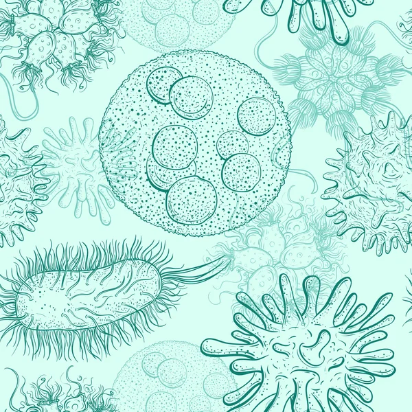 미생물과 바이러스가 있는 원활한 패턴. 빈티지 디자인 세트. 손으로 그린 벡터 일러스트레이션. — 스톡 벡터
