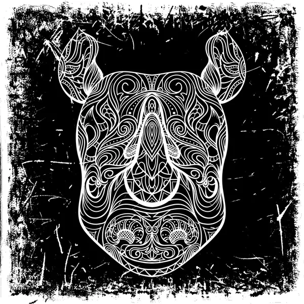 Tête de rhinocéros avec ornement sur fond grunge. Tatouage. Bannière rétro, carte, réservation de ferraille. t-shirt, sac, carte postale, poster. Illustration vectorielle vintage très détaillée en noir et blanc dessinée à la main — Image vectorielle