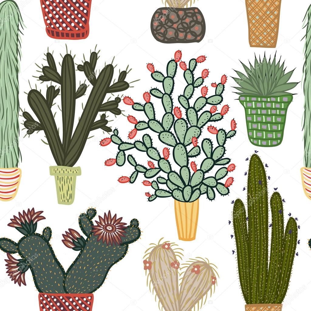 Flat seamless pattern with succulent plants and cactuses in pots. Vector botanical graphic set with cute florals.