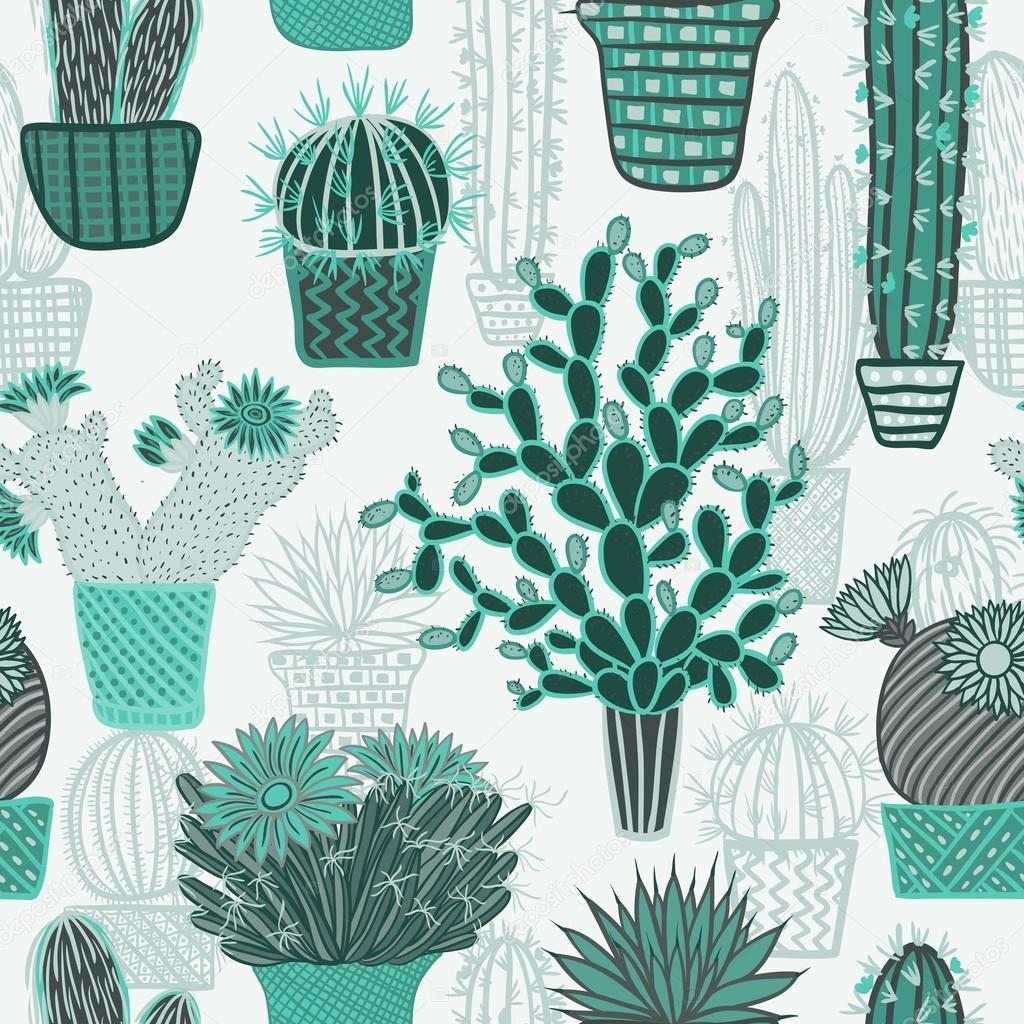 Seamless pattern with succulents cacti plant and cactuses in pots. Vector botanical graphic set with cute home florals.