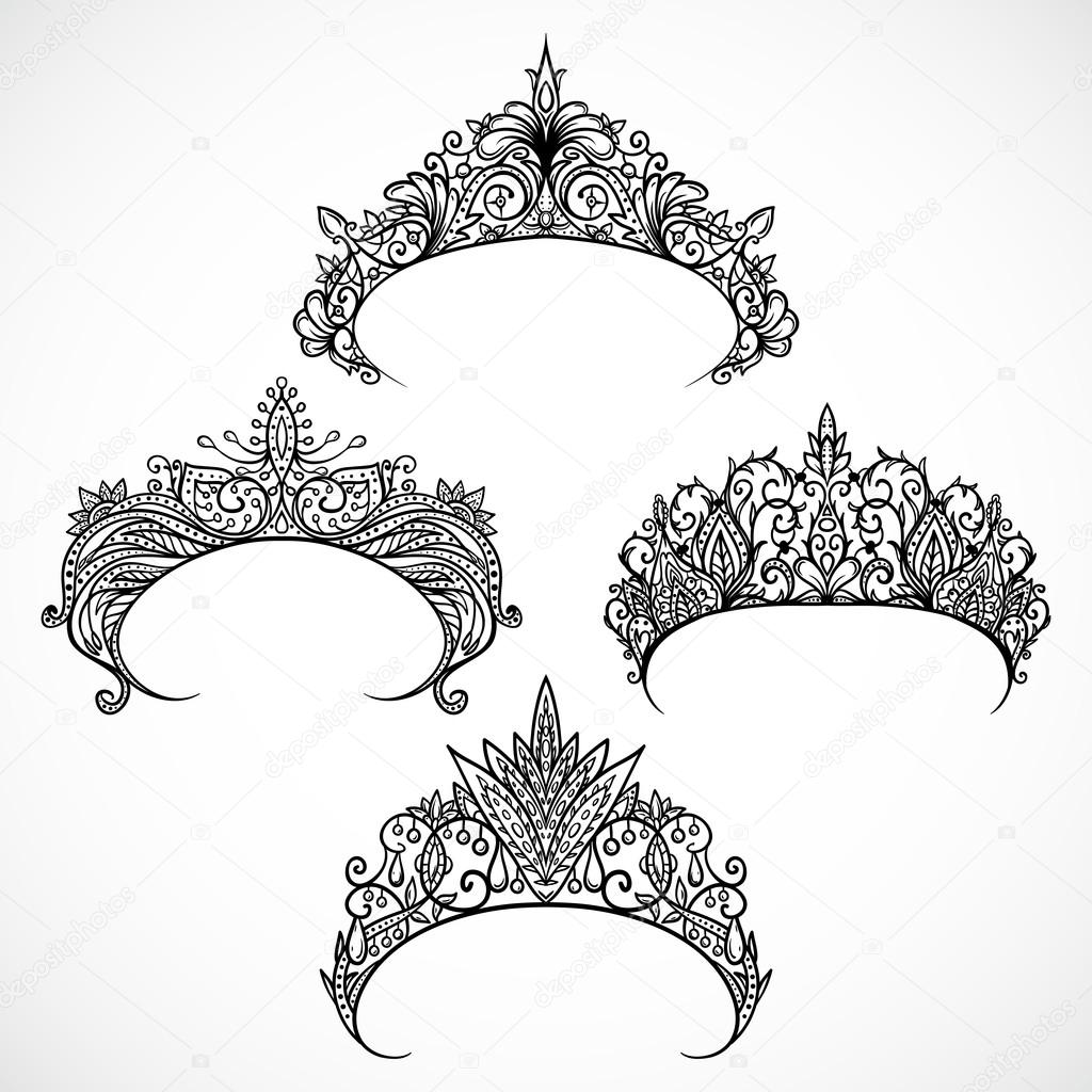 Collection of tiaras. Vintage hand drawn black and white vector illustration.