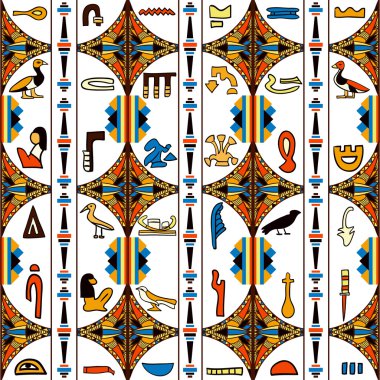 Egypt colorful ornament with ancient Egyptian hieroglyphs and geometric ornament. Vector seamless pattern. Hand drawn vector illustration clipart