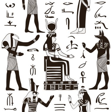 Seamless pattern with egyptian gods and ancient egyptian hieroglyphs. Retro hand drawn vector illustration clipart