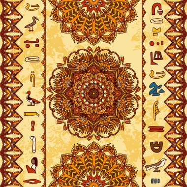 Yaşlı kağıt arka plan üzerinde geometrik süsleme ile Mısır renkli süs Antik Mısır hiyeroglif ve süslü mandala. Vektör seamless modeli. Çizilmiş vektör çizim el