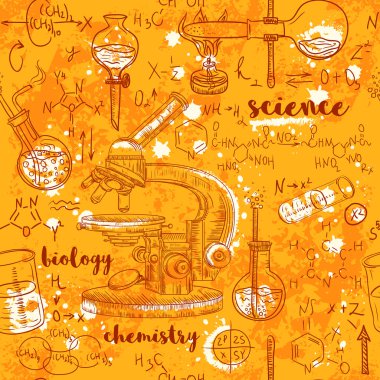 Vintage seamless modeli eski kimya laboratuvar mikroskop, tüpler ve yaşlı kağıt arka plan sayfasındaki formülleri. Vektör retro el kroki tarzı çizilen illüstrasyon
