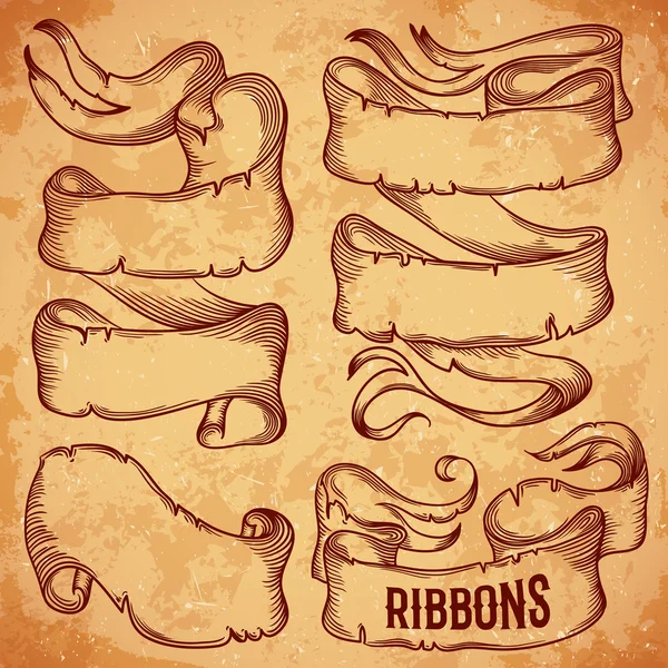 Vintage ribbons set. Vector illustration. Victorian style. Place for text message.Retro hand drawn design elements collection on aged paper. — Wektor stockowy