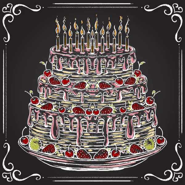 Birthday cake on the chalkboard. Vintage poster in hand drawn chalk sketch style. Isolated elements. Retro vector illustration — 스톡 벡터