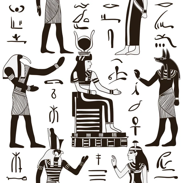 Bezešvé vzor s egyptských bohů a starověké egyptské hieroglyfy. Retro ručně tažené vektorové ilustrace — Stockový vektor