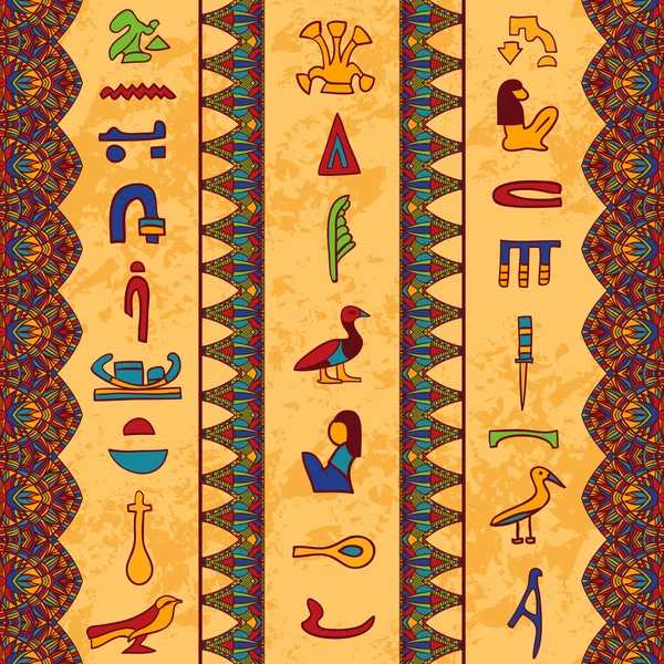 Egypten färgglada prydnad med forntida egyptiska hieroglyfer och blommig geometrisk ornament gränsen på äldre papper bakgrund. Vector seamless mönster. Handritad illustration — Stock vektor