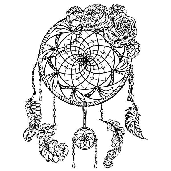 Dream catcher met ornament en rozen. Tattoo art. Retro banner, kaart, scrapbookingateliers, t-shirt, tas, afdrukken, poster. Zeer gedetailleerd vintage zwart-wit hand getrokken vectorillustratie — Stockvector