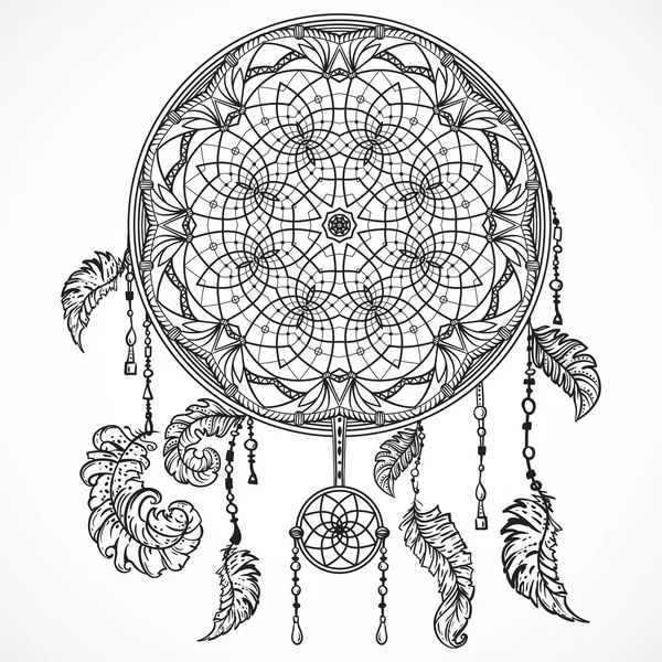 Dream catcher z ornamentem. Sztuka tatuaż. Projektowania koncepcji transparent, karty, Rezerwacja złom, t-shirt, torba, drukowanie, plakat. Bardzo szczegółowe sztuka ciągnione czarno-biały ilustracja wektorowa — Wektor stockowy