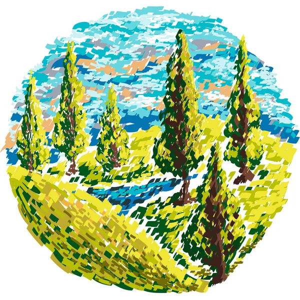 Paisagem rural com árvores e colinas. Ilustração vetorial retrô desenhada à mão — Vetor de Stock