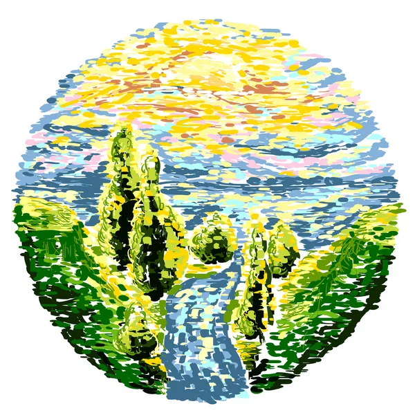 Paysage rural ensoleillé avec arbres, rivière et collines. Illustration vectorielle rétro dessinée à la main — Image vectorielle