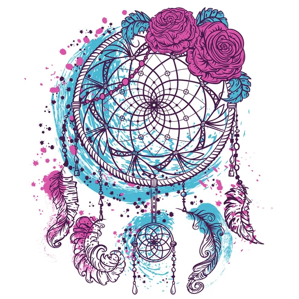 Dream catcher met ornament en rozen. Tattoo art. Kleurrijke hand getekend grunge stijl art. Retro banner, kaart, scrapbookingateliers, t-shirt, tas, afdrukken, poster. Zeer gedetailleerd vintage vectorillustratie — Stockvector