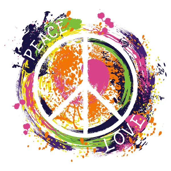 Hippie peace symbool. Vrede en liefde. Kleurrijke hand getekend grunge stijl art. Het ontwerp van concept voor banner, kaart, scrapbookingateliers, t-shirt, tas, afdrukken, poster. Vintage vectorillustratie — Stockvector