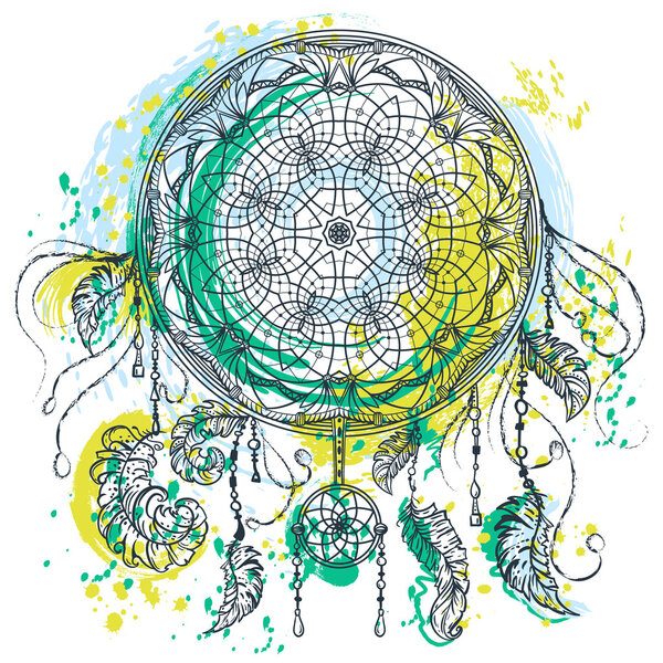 Dream catcher with ornament. Tattoo art. Colorful vintage hand drawn vector illustration in watercolor grunge style. Design concept for banner, card, scrap booking, t-shirt, bag, print, poster.