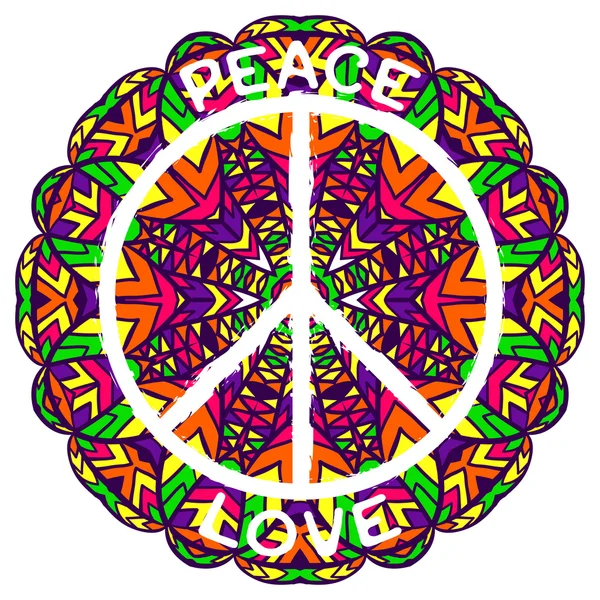Hippie peace symbol. Peace and love on ornate colorful mandala background. Design concept for banner, card, scrap booking, t-shirt, bag, print, poster. Retro hand drawn vector illustration Stock Vector