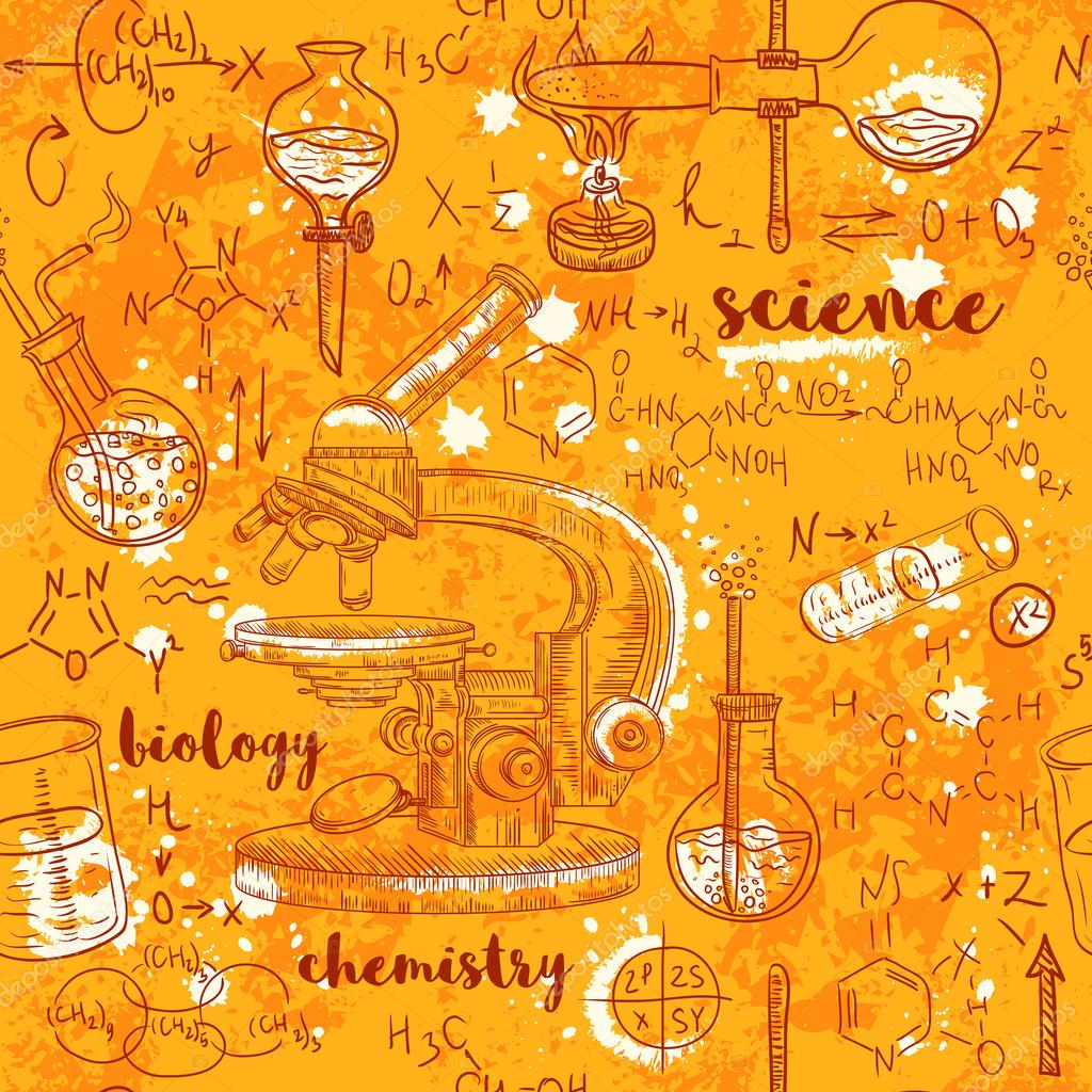 Vintage seamless pattern old chemistry laboratory with microscope