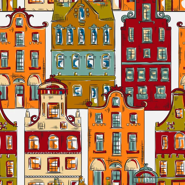 Amsterdam. Patrón inconsútil con edificios históricos antiguos Arquitectura tradicional de los Países Bajos. Ilustración de vector vintage dibujado a mano colorido . — Vector de stock