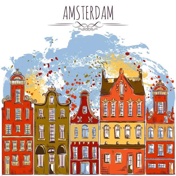 Amsterdam. alte historische Gebäude. traditionelle Architektur der Niederlande. farbenfrohe, handgezeichnete Grunge-Kunst. Vektor-Illustration. — Stockvektor
