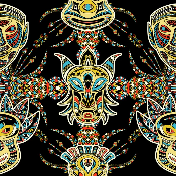 Patrón sin costuras con máscara tribal y adorno geométrico latino americano azteca. Ilustración de vector dibujado a mano colorido — Vector de stock