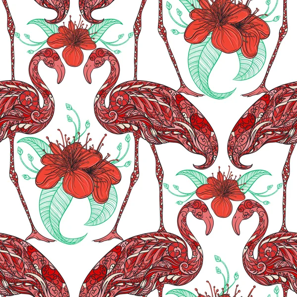 Bezešvé pattern s flamingo zdobí květinový ornament a exotické květiny. Vintage barevná ručně tažené vektorové ilustrace — Stockový vektor