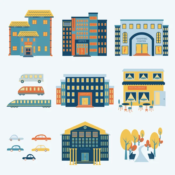 Conjunto de infografías de ciudad con edificios y elementos de transporte. Ilustración vectorial. Elementos aislados . — Vector de stock