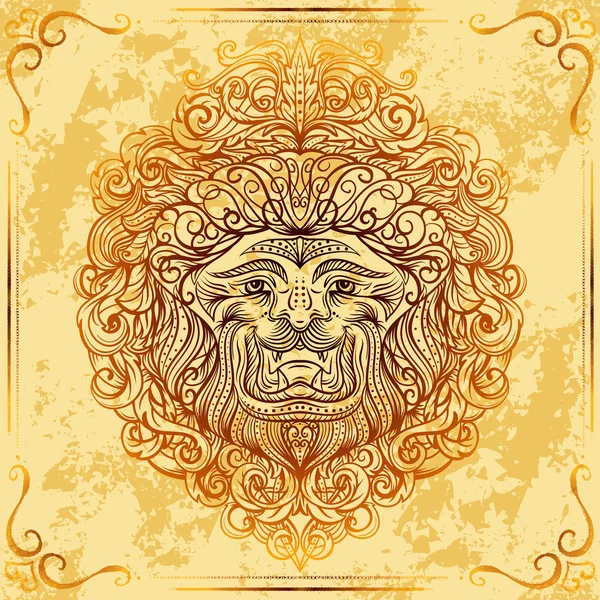Testa di leone con ornamento barocco su sfondo di carta invecchiata grunge. Tatuaggio vintage arte. Concetto di design per carta, stampa, t-shirt, cartolina, poster. Illustrazione del vettore disegnato a mano — Vettoriale Stock