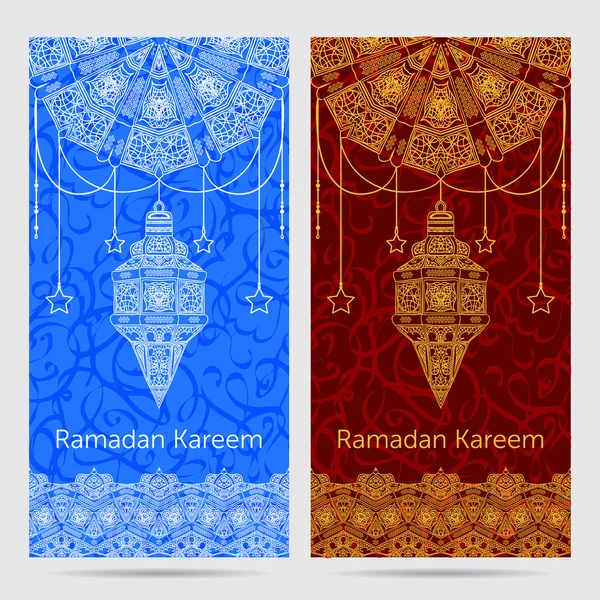 Mooie wenskaart voor islamitische gemeenschap festival Ramadan Kareem. Patroon met ornament Arabische kalligrafie, sierlijke mandala, Arabische lamp en grenskader. Vintage hand getrokken vectorillustratie — Stockvector