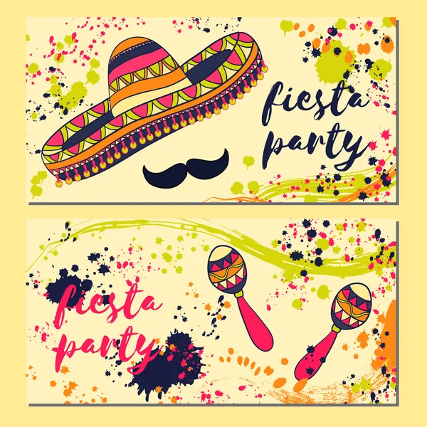 Piękne karty okolicznościowe, zaproszenie na Festiwal fiesta. Koncepcja projektowania meksykański Cinco de Mayo wakacje z marakasy, sombrero, wąsy i kolorowe plamy w stylu przypominającym akwarele. Ilustracja wektorowa — Wektor stockowy