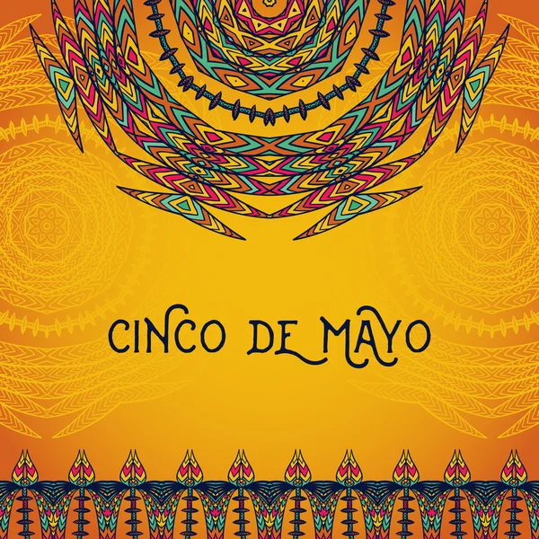 Красивая открытка, приглашение на фестиваль Cinco de Mayo. Концепция дизайна для мексиканского праздника фиесты с декоративной мандалой и орнаментом в рамке. Векторная иллюстрация — стоковый вектор