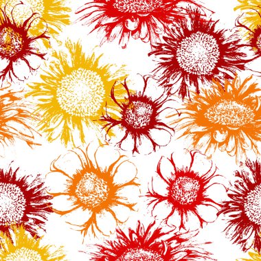 Gerbera papatyalar çiçek mürekkep boyama stili ile Dikişsiz desen. Vintage el çizilmiş vektör illüstrasyon