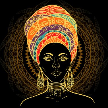 Beautiful African woman in turban over ornate mandala round pattern. Hand drawn vector illustration. Design, card, print, poster, postcard