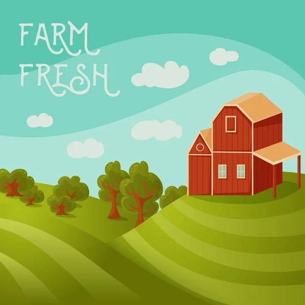 Farm fresh. Rural landscape with farmhouse, fields and trees. Cartoon vector illustration — Stock Vector