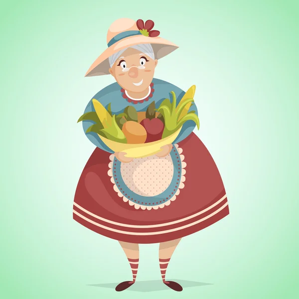 Karikatür yaşlı kadın çiftçi karakter hasat ile. Çiftlik taze kavramı. Retro stilinde vektör çizimi