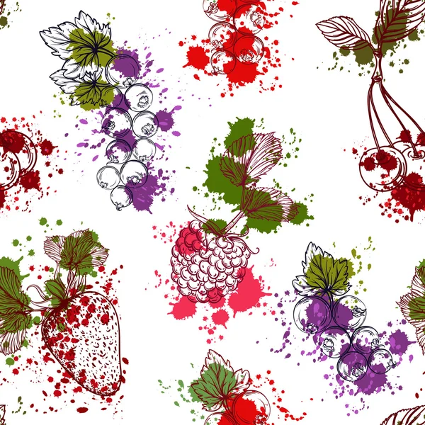 Patrón sin costuras con colección de frutas y bayas en estilo acuarela. Fresas, cerezas, grosellas, frambuesas. Elementos aislados. Vintage colorido ilustración vectorial dibujado a mano — Vector de stock