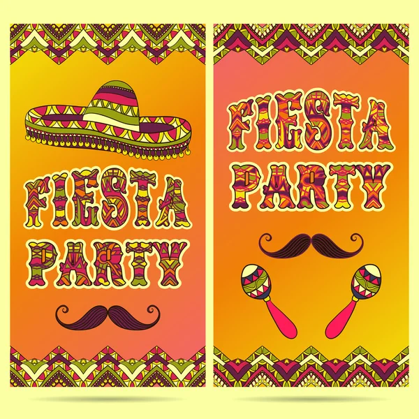 Gyönyörű üdvözlőlap, meghívó a Fiesta fesztiválra. Design koncepció mexikói Cinco de Mayo nyaralás maracas, sombrero, bajusz és díszes határon. Színes kézzel rajzolt vektoros illusztráció — Stock Vector