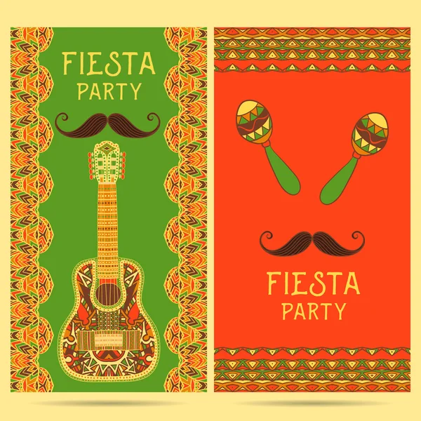 Όμορφη ευχετήρια κάρτα, πρόσκληση για το Φεστιβάλ γιορτή. Σχεδιασμός για το μεξικάνικο Σίνκο ντε Mayo διακοπές με μαράκες, κιθάρα και περίτεχνα σύνορα. Πολύχρωμα ζωγραφισμένα στο χέρι απεικόνιση διανύσματος — Διανυσματικό Αρχείο