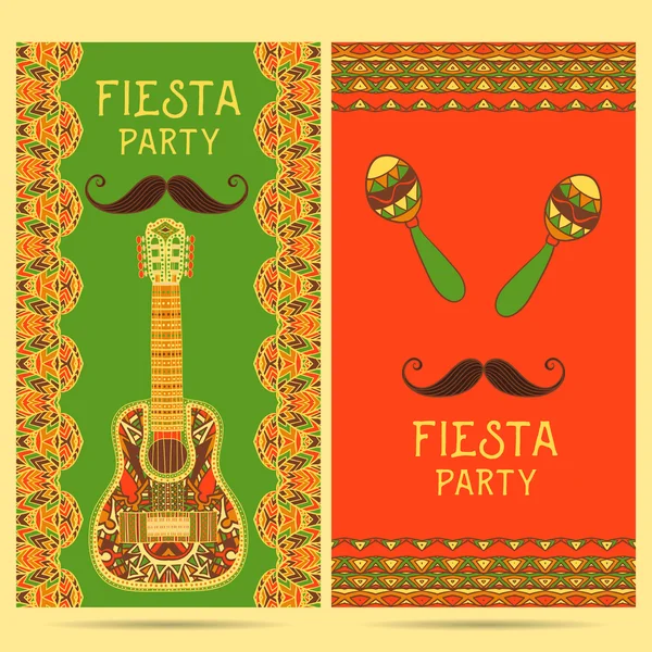 Bonita tarjeta de felicitación, invitación para el festival de fiesta. Concepto de diseño para vacaciones mexicanas Cinco de Mayo con maracas, guitarra y borde adornado. Ilustración de vector dibujado a mano colorido — Vector de stock