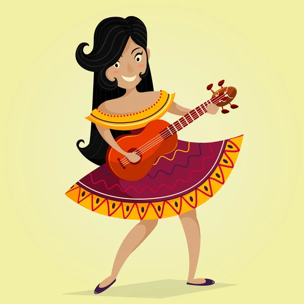 Приглашение на мексиканскую вечеринку с красивой мексиканкой, танцующей и играющей на гитаре. Концепция дизайна листовки, плаката или поздравительной открытки фестиваля Cinco de Mayo — стоковый вектор