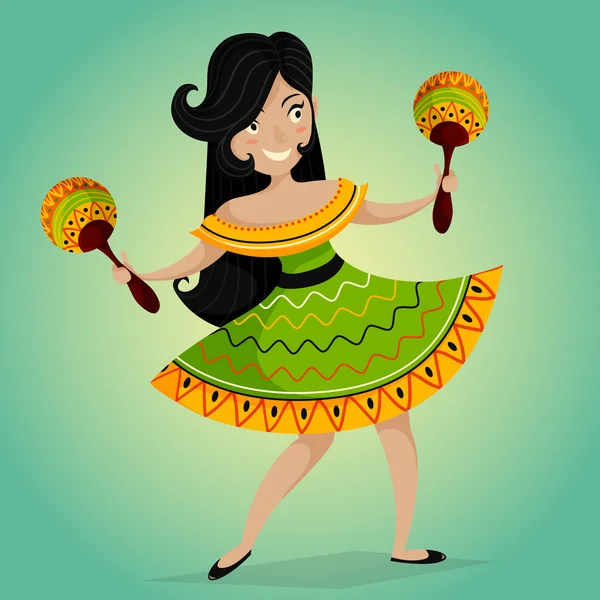 墨西哥嘉年华党邀请与美丽的墨西哥女人跳舞与马拉卡斯。矢量插图海报。Cinco de Mayo节日传单、海报或贺卡的设计理念 — 图库矢量图片