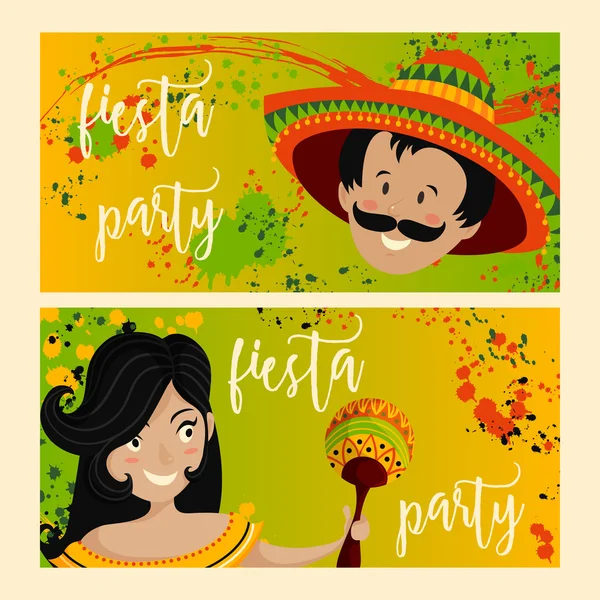 Bonita tarjeta de felicitación, invitación para el festival de fiesta. Concepto de diseño para vacaciones mexicanas Cinco de Mayo con mujer mexicana con maracas y hombre mexicano en sombrero. Ilustración vectorial — Vector de stock