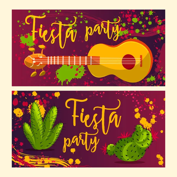 Schöne Grußkarte, Einladung zum Fest. Designkonzept für mexikanischen Cinco de Mayo Urlaub mit Gitarre, Kakteen und bunten Spritzern im Aquarell-Stil. — Stockvektor